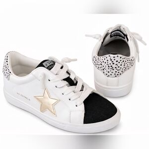 Vintage Havana Gold Star Sneakers Womens Sz 8 White Black Suede Toe, leopard